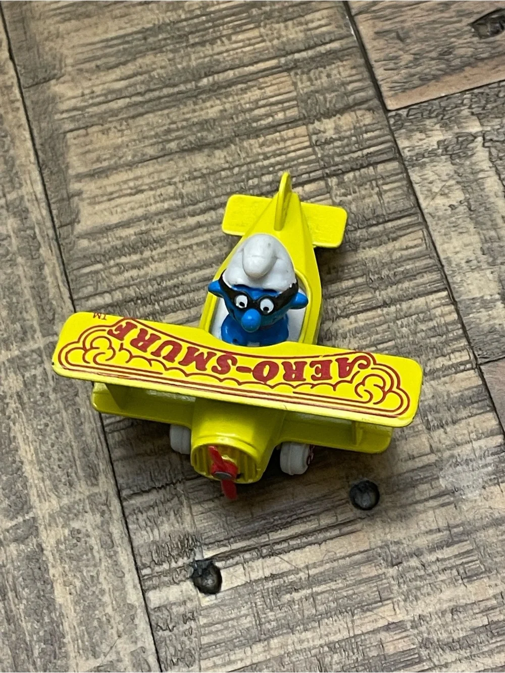 Vintage 1982 ERTL Smurfs Die-Cast #2 Aero-Smurf Yellow Biplane